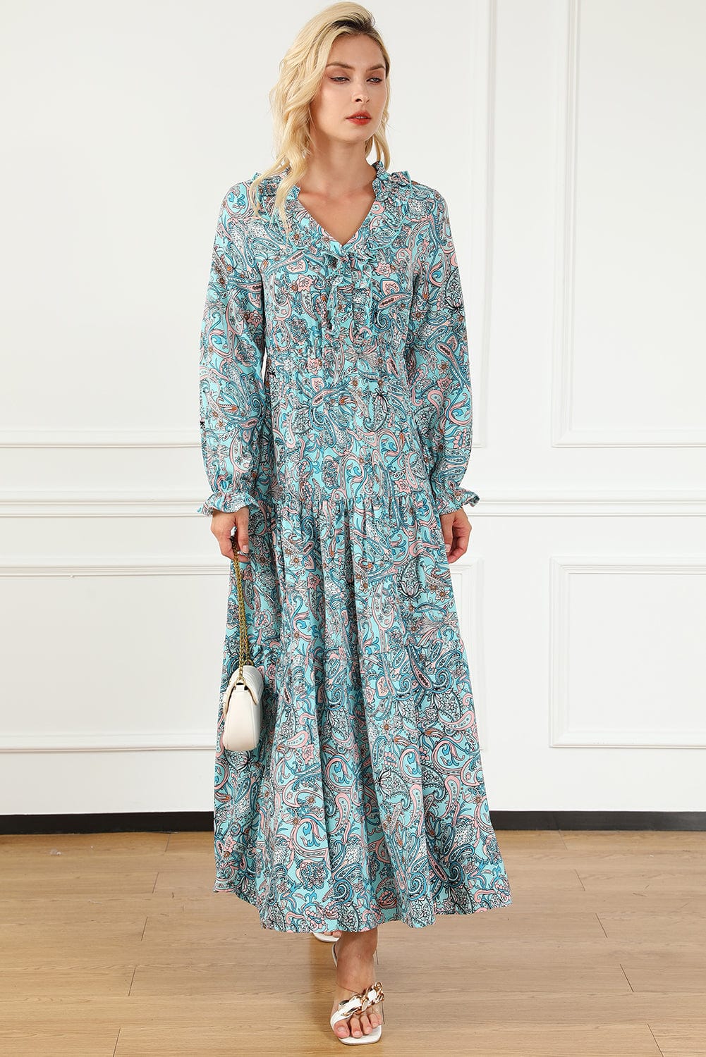 Ethereal Sky Blue Paisley Print Boho Maxi Dress with Long Sleeves