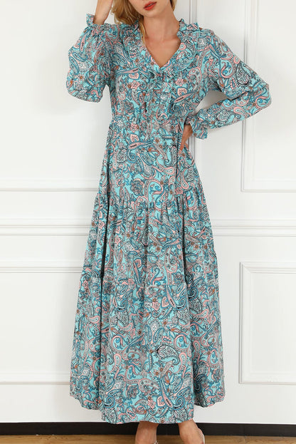 Ethereal Sky Blue Paisley Print Boho Maxi Dress with Long Sleeves