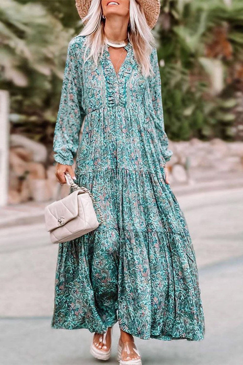 Ethereal Sky Blue Paisley Print Boho Maxi Dress with Long Sleeves