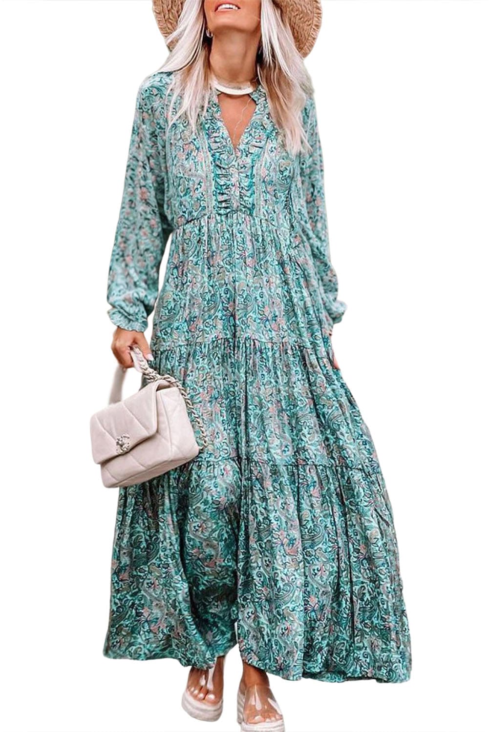 Ethereal Sky Blue Paisley Print Boho Maxi Dress with Long Sleeves