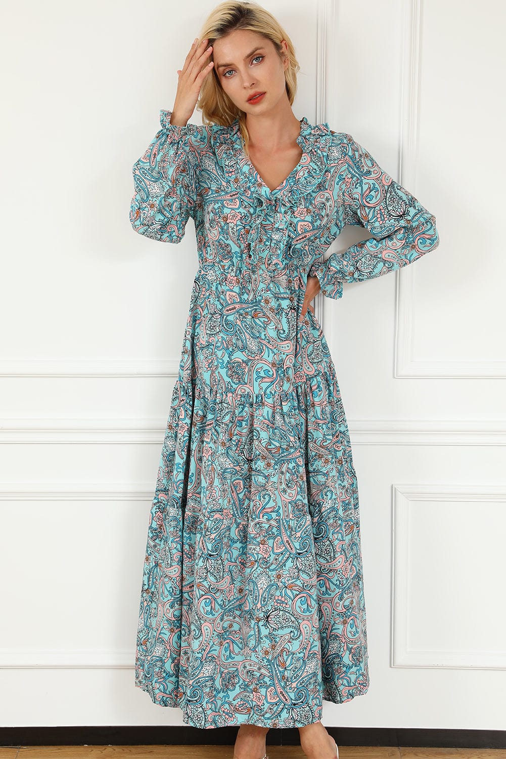 Ethereal Sky Blue Paisley Print Boho Maxi Dress with Long Sleeves