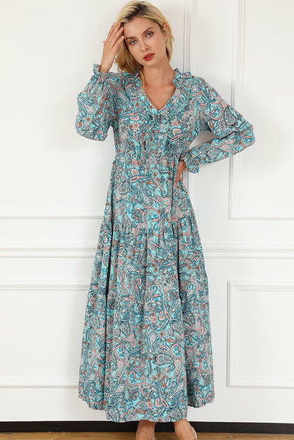 Ethereal Sky Blue Paisley Print Boho Maxi Dress with Long Sleeves