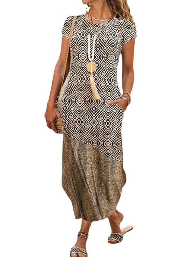 Ethnic Dress Shift Dress Boho Dress Midi Dress Khaki Short Sleeve Geometric Pocket Spring Summer Crew Neck Boho Weekend Loose Fit  S M L XL XXL for Women