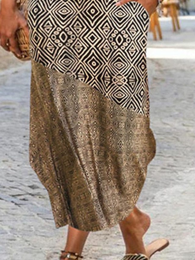 Ethnic Dress Shift Dress Boho Dress Midi Dress Khaki Short Sleeve Geometric Pocket Spring Summer Crew Neck Boho Weekend Loose Fit  S M L XL XXL for Women