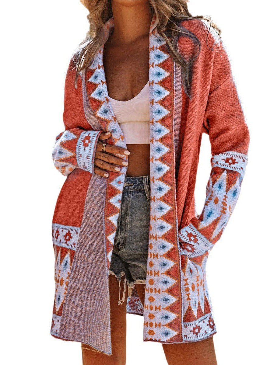 Ethnic Style Geometric Print Knit Cardigan for Street Chic Women