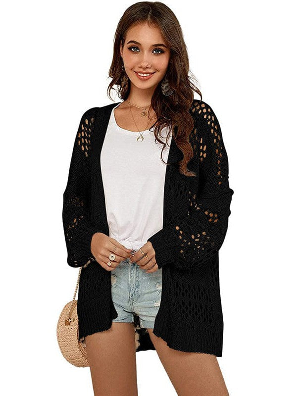 Ethnic Style Knitted Mesh Hollow Women's Cardigan Sweater with Acrylic-Cotton Blend