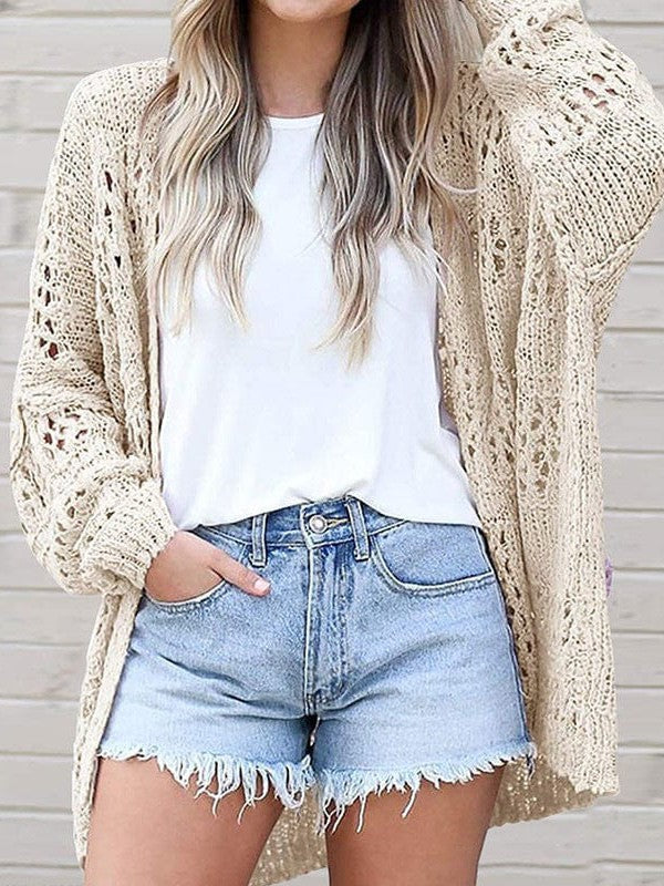 Ethnic Style Knitted Mesh Hollow Women's Cardigan Sweater with Acrylic-Cotton Blend