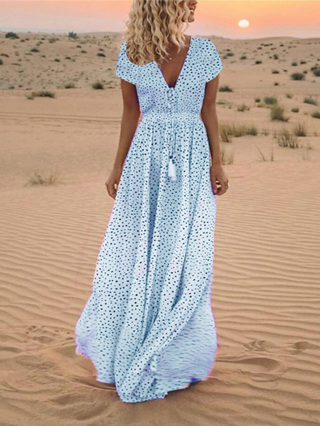 Women's Dress - Casual Dress Swing Dress Boho Dress Long Dress Maxi Dress Light Blue Creamy-white Pink Short Sleeve Polka Dot Print Spring Summer V Neck Slim 2023 S M L XL XXL XXXL