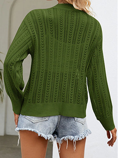 Women's Cardigan Sweater V Neck Crochet Knit Polyester Button Hole Summer Spring Daily Going out Weekend Stylish Casual Soft Long Sleeve Solid Color Purple Green Khaki S M L