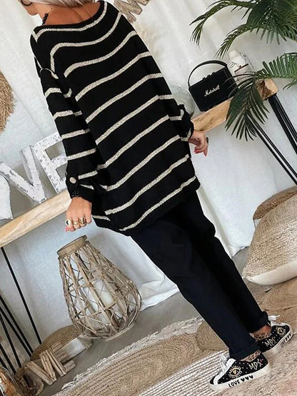 Women's Pullover Sweater Jumper Crew Neck Ribbed Knit Polyester Pocket Fall Winter Daily Going out Weekend Stylish Casual Soft Long Sleeve Striped Maillard Black Pink Orange S M L