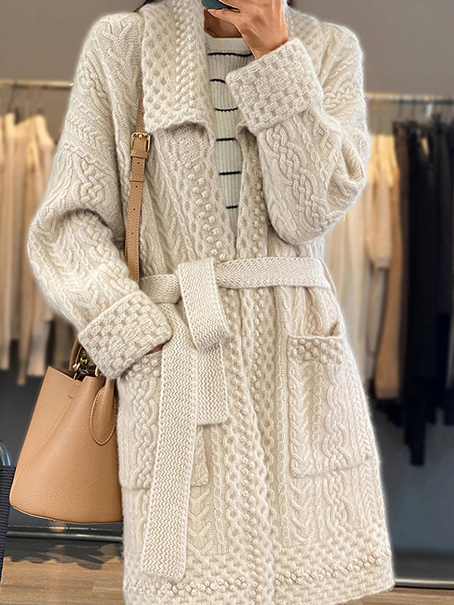 Women's Cardigan Sweater Jumper Cable Knit Long Lace up Button Solid Color Shirt Collar Stylish Casual Outdoor Holiday Fall Winter Beige S M L