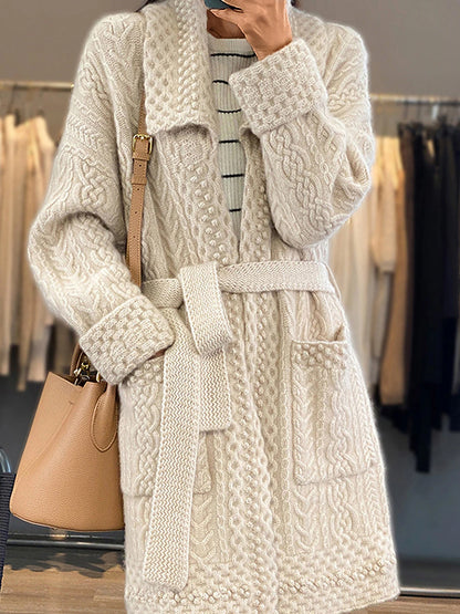 Women's Cardigan Sweater Jumper Cable Knit Long Lace up Button Solid Color Shirt Collar Stylish Casual Outdoor Holiday Fall Winter Beige S M L