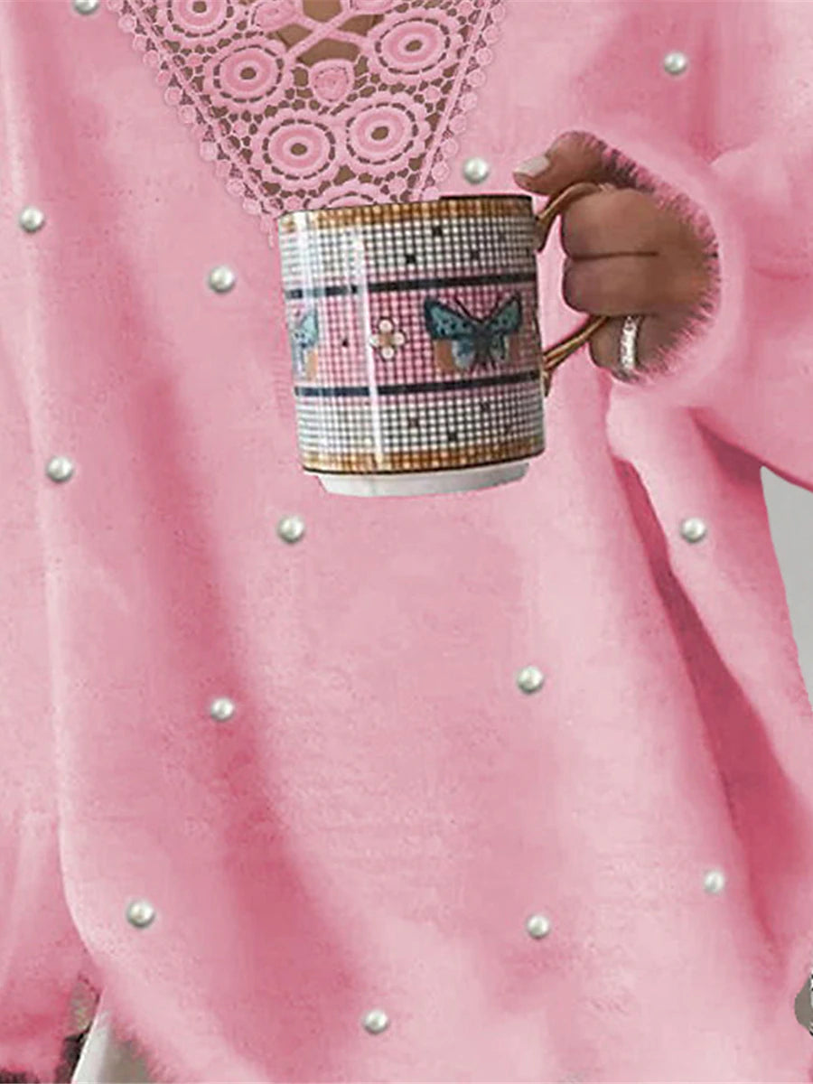 Women's Cardigan Sweater V Neck Fuzzy Knit Polyester Lace Trims Fall Winter Regular Outdoor Going out Weekend Stylish Casual Soft Long Sleeve Pure Color White Pink S M L