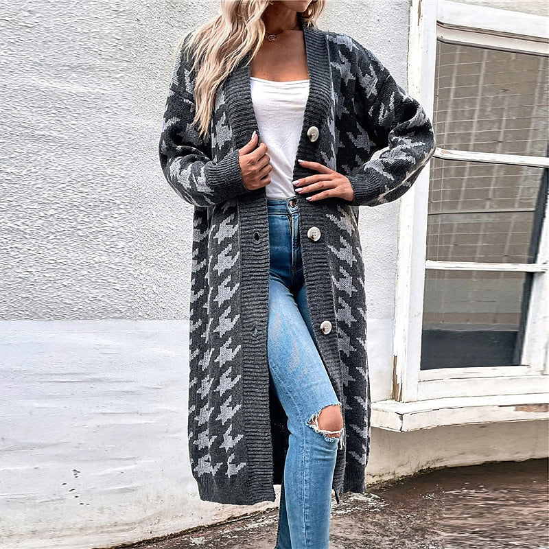 Women's Cardigan Sweater Jumper Ribbed Knit Tunic Button Knitted Houndstooth V Neck Stylish Elegant Outdoor Daily Winter Fall Fuchsia Gray S M L / Long Sleeve / Holiday / Casual / Regular Fit