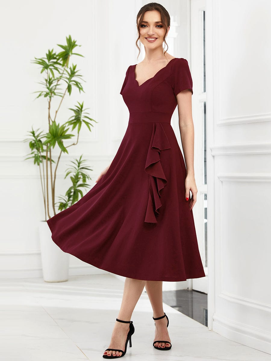 Evening Elegance Deep V Neck A-Line Knee Length Dress with Short Sleeves