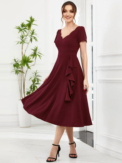Evening Elegance Deep V Neck A-Line Knee Length Dress with Short Sleeves