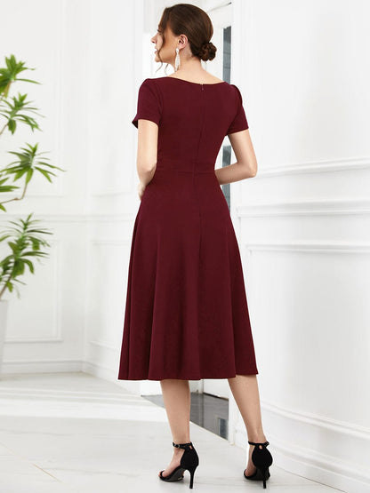 Evening Elegance Deep V Neck A-Line Knee Length Dress with Short Sleeves