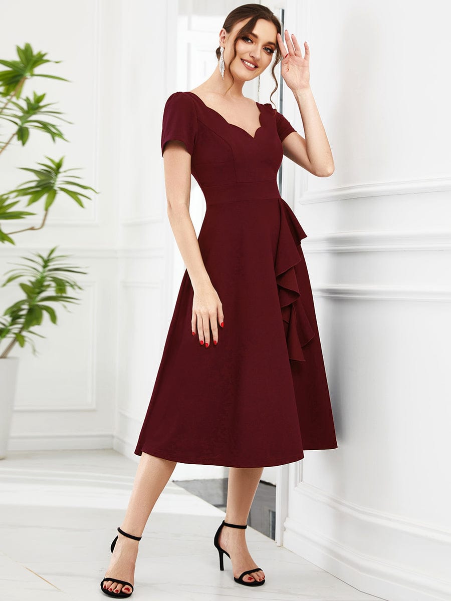 Evening Elegance Deep V Neck A-Line Knee Length Dress with Short Sleeves