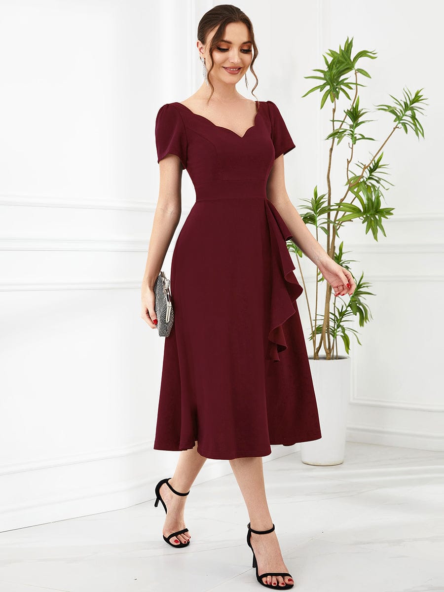 Evening Elegance Deep V Neck A-Line Knee Length Dress with Short Sleeves