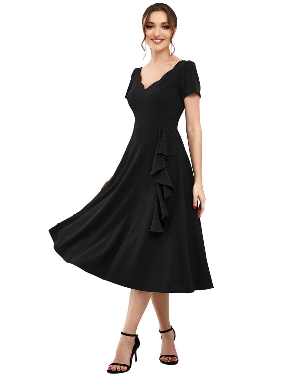 Evening Elegance Deep V Neck A-Line Knee Length Dress with Short Sleeves