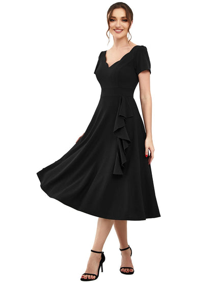 Evening Elegance Deep V Neck A-Line Knee Length Dress with Short Sleeves