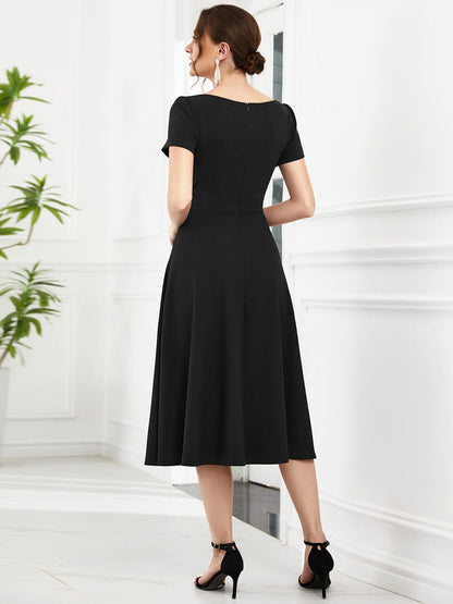 Evening Elegance Deep V Neck A-Line Knee Length Dress with Short Sleeves