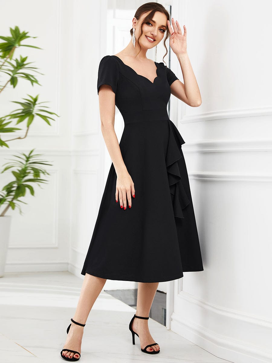 Evening Elegance Deep V Neck A-Line Knee Length Dress with Short Sleeves