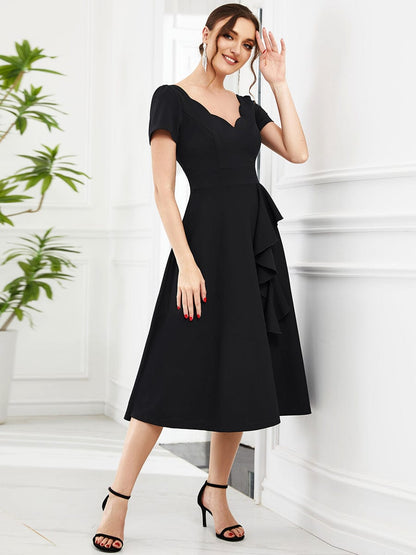 Evening Elegance Deep V Neck A-Line Knee Length Dress with Short Sleeves