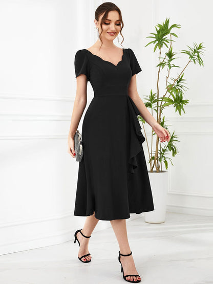 Evening Elegance Deep V Neck A-Line Knee Length Dress with Short Sleeves