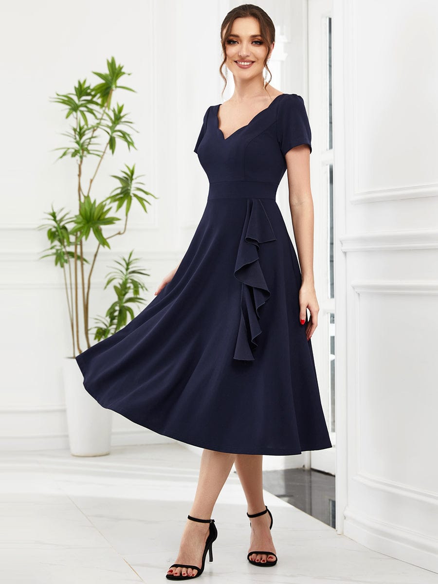 Evening Elegance Deep V Neck A-Line Knee Length Dress with Short Sleeves