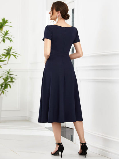 Evening Elegance Deep V Neck A-Line Knee Length Dress with Short Sleeves