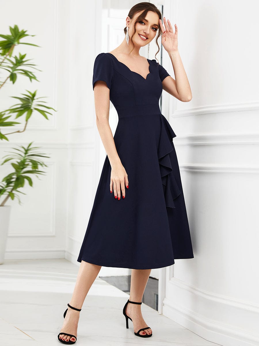 Evening Elegance Deep V Neck A-Line Knee Length Dress with Short Sleeves