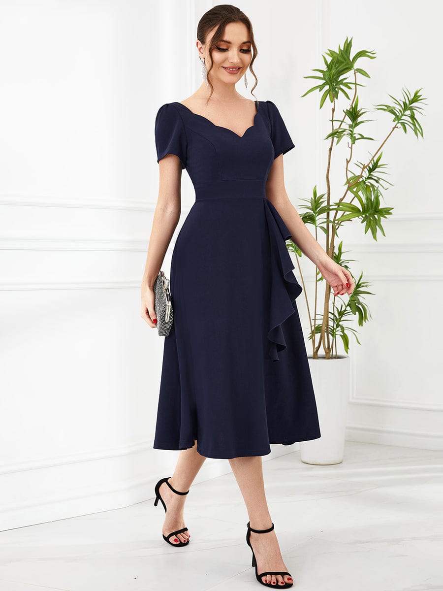 Evening Elegance Deep V Neck A-Line Knee Length Dress with Short Sleeves