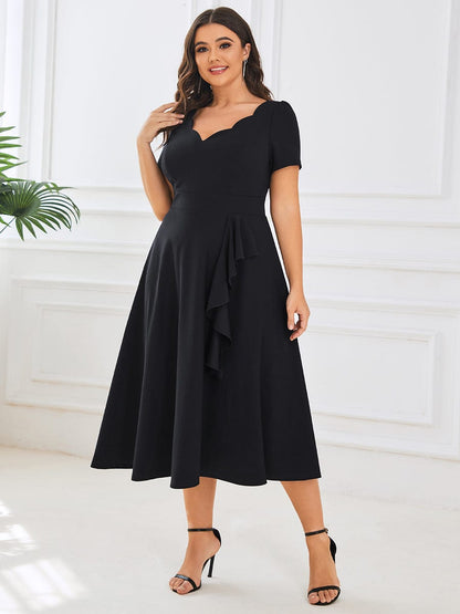 Evening Elegance Deep V Neck A-Line Knee Length Dress with Short Sleeves