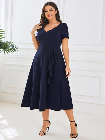 Evening Elegance Deep V Neck A-Line Knee Length Dress with Short Sleeves