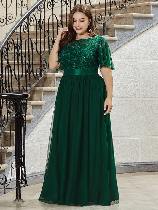 Evening Elegance: Plus Size Sequin Leaf Print Dress with Cap Sleeves