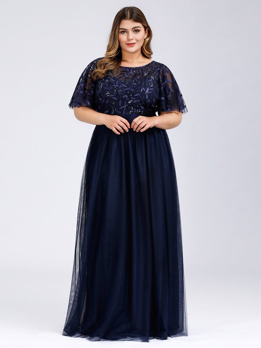 Evening Elegance: Plus Size Sequin Leaf Print Dress with Cap Sleeves