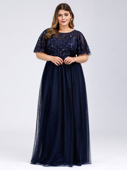 Evening Elegance: Plus Size Sequin Leaf Print Dress with Cap Sleeves
