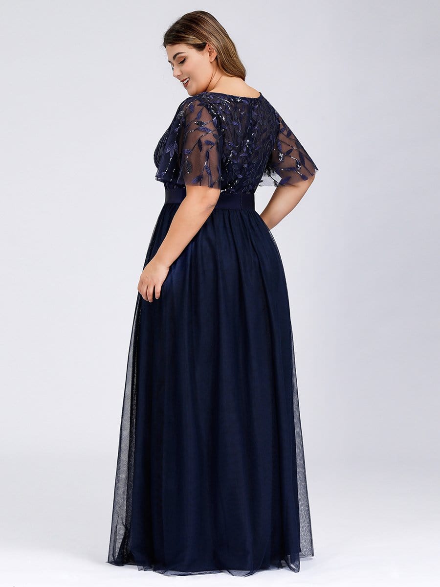 Evening Elegance: Plus Size Sequin Leaf Print Dress with Cap Sleeves