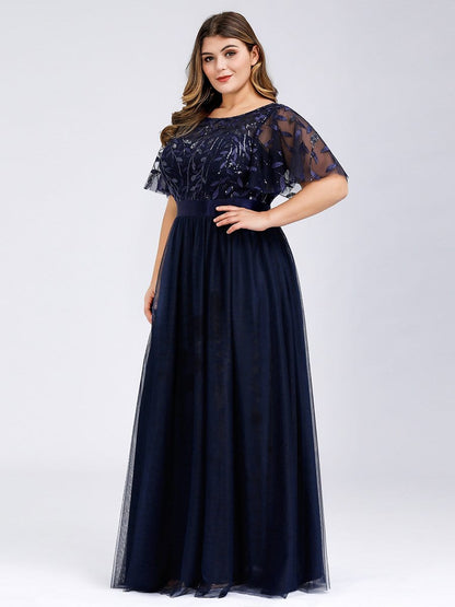 Evening Elegance: Plus Size Sequin Leaf Print Dress with Cap Sleeves