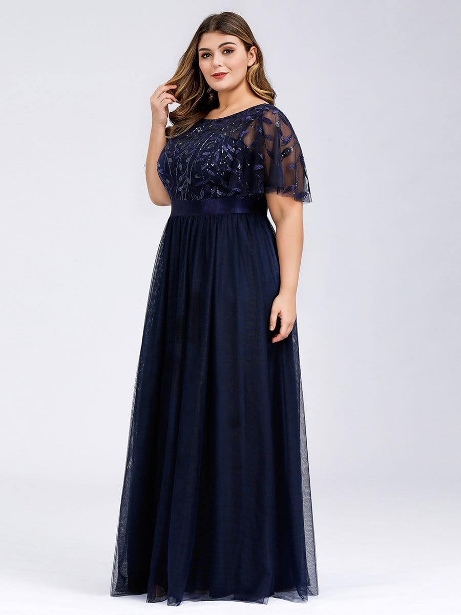 Evening Elegance: Plus Size Sequin Leaf Print Dress with Cap Sleeves