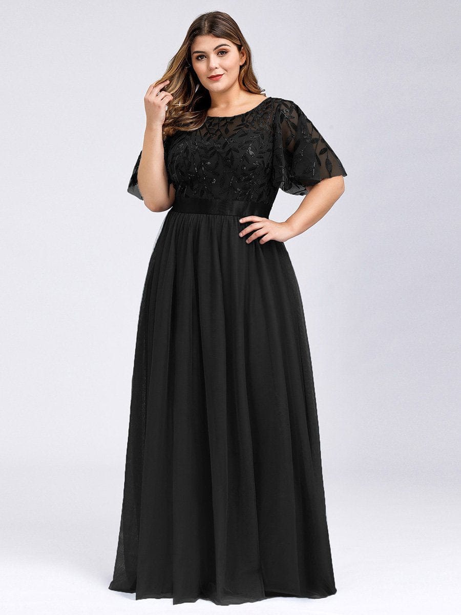 Evening Elegance: Plus Size Sequin Leaf Print Dress with Cap Sleeves