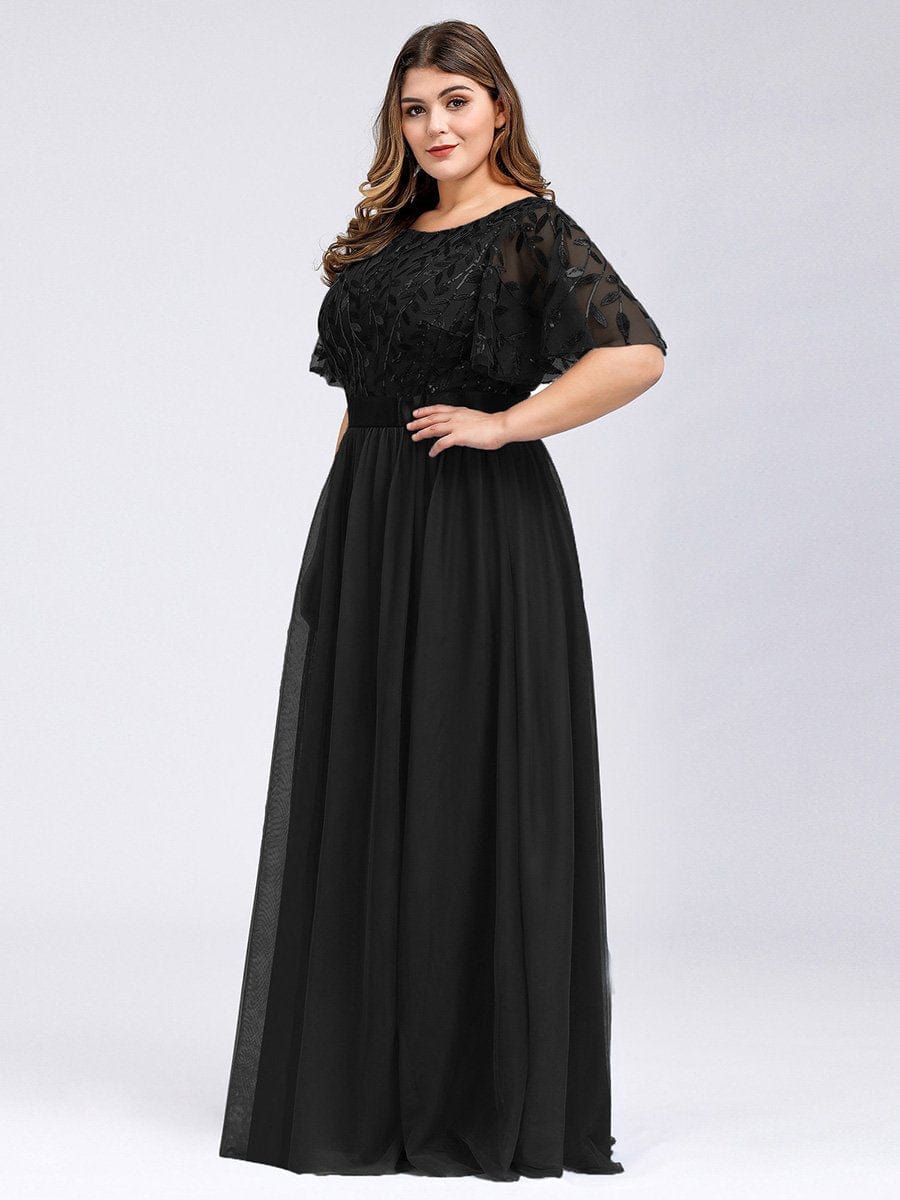 Evening Elegance: Plus Size Sequin Leaf Print Dress with Cap Sleeves