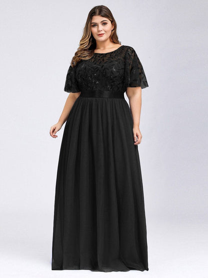 Evening Elegance: Plus Size Sequin Leaf Print Dress with Cap Sleeves