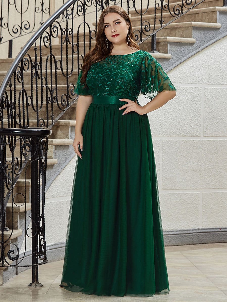 Evening Elegance: Plus Size Sequin Leaf Print Dress with Cap Sleeves