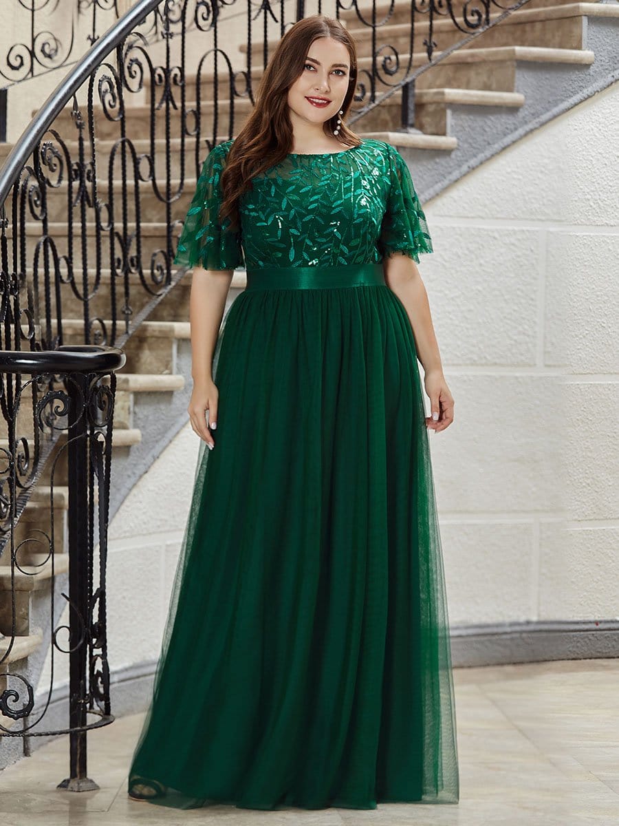 Evening Elegance: Plus Size Sequin Leaf Print Dress with Cap Sleeves