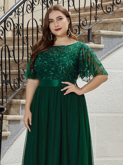 Evening Elegance: Plus Size Sequin Leaf Print Dress with Cap Sleeves