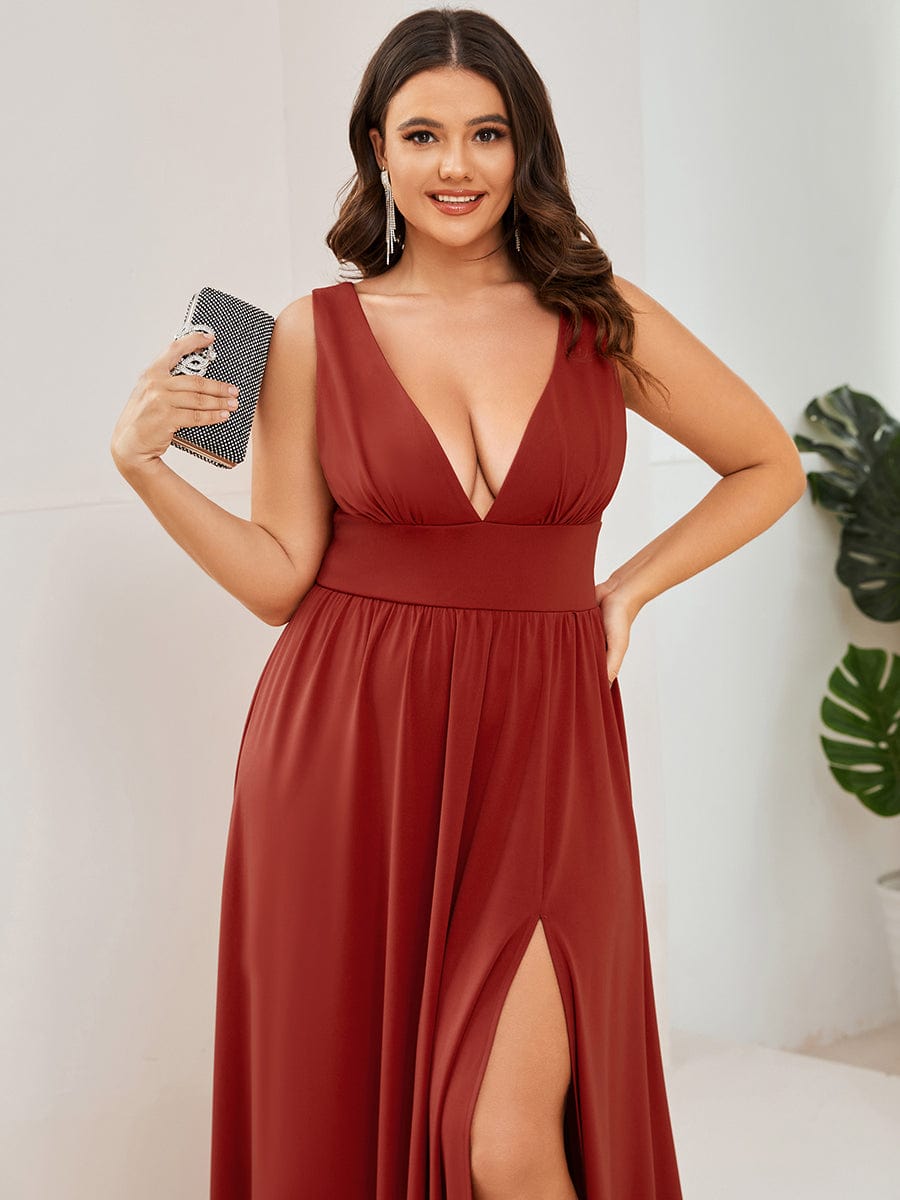 Evening Elegance Plus Size V-Neck Empire Waist High Slit Dress