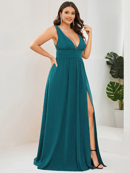 Evening Elegance Plus Size V-Neck Empire Waist High Slit Dress