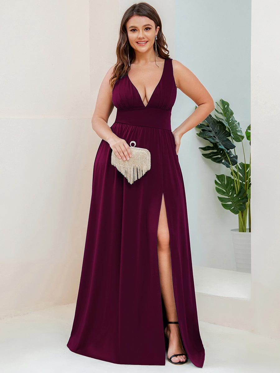 Evening Elegance Plus Size V-Neck Empire Waist High Slit Dress